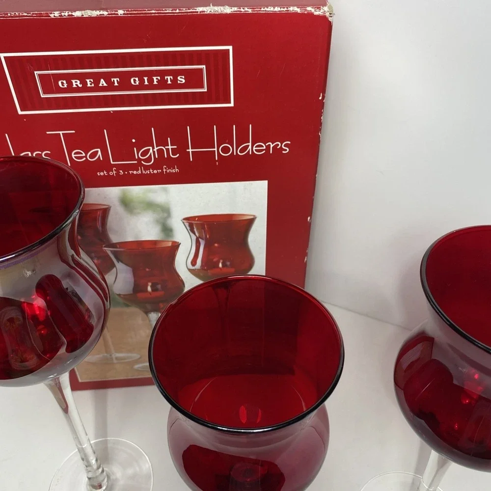 VTG Glass Tea, Light Holders Set Of 3 Red‎ Luster Finish RubyRed Christmas Decor